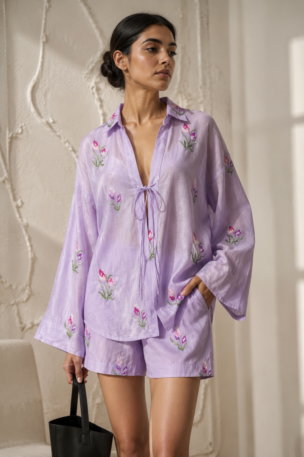 Soft Lilac Mul Fabric with Floral Embroidered Pattern