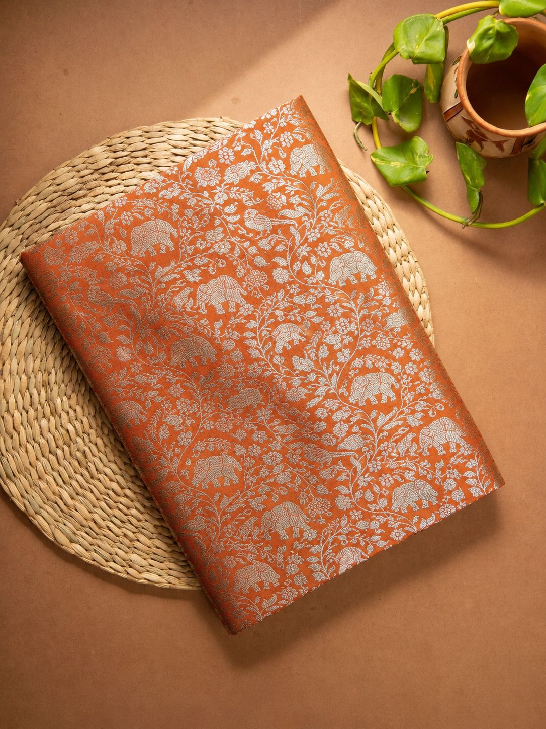 Orange Shikargah Katan Silk Handloom Fabric