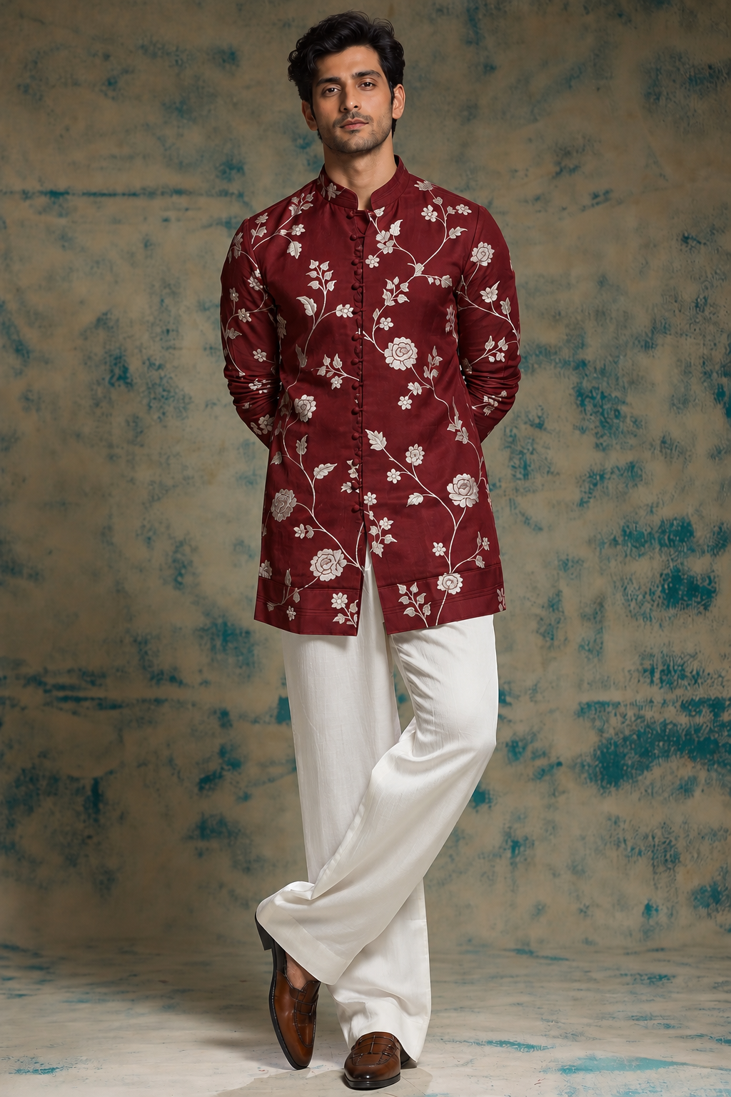 Deep Wine Muslin Fabric With Parsi Embroidery
