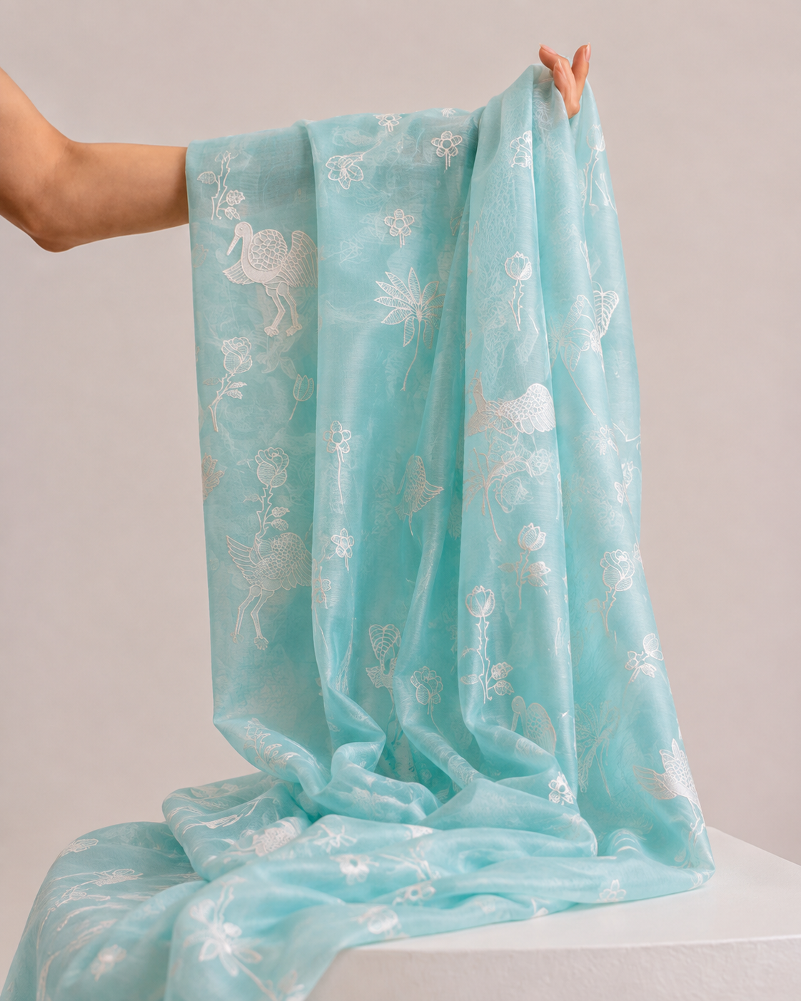 Aqua Teal Mul with Bird & Botanical Appliqué Work