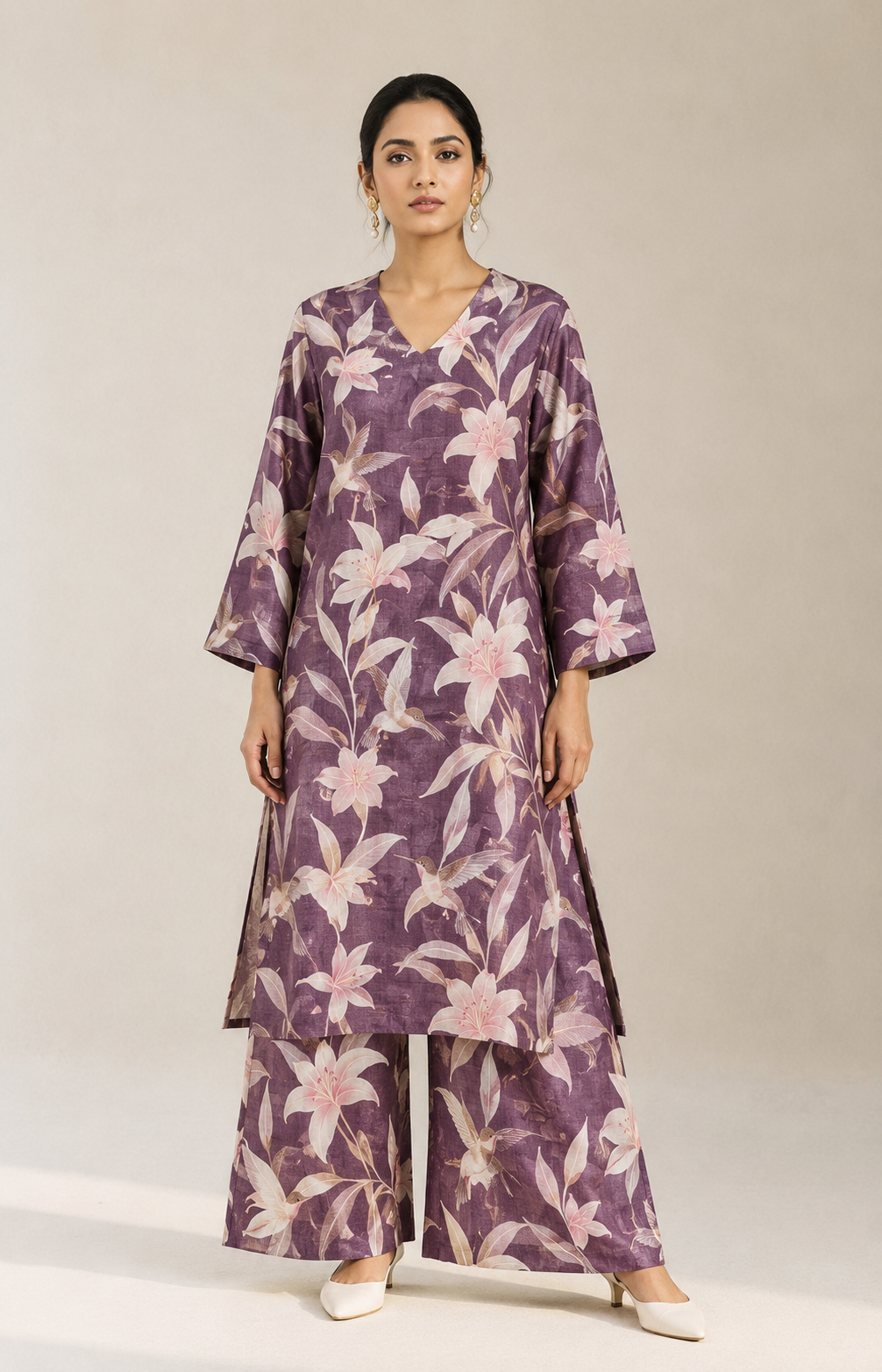 Plum Purple Tussar Kalamkari Printed Fabric