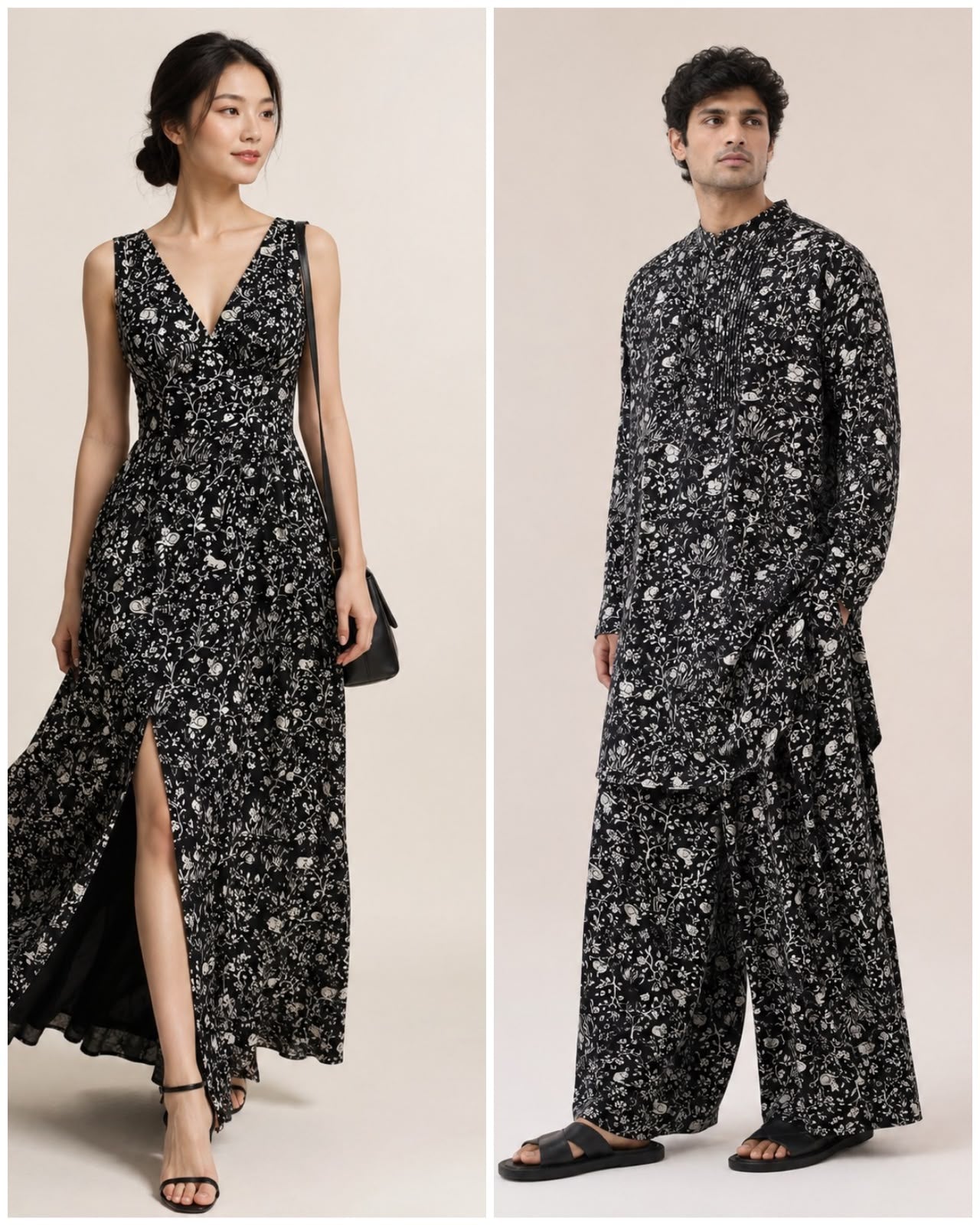 Black Linen Fabric with Floral Vines and Woodland Motifs