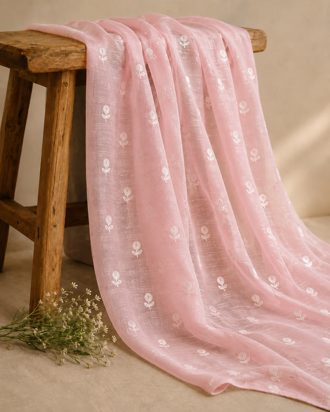 Pastel Pink Silk Linen Fabric With Flower Embroidery