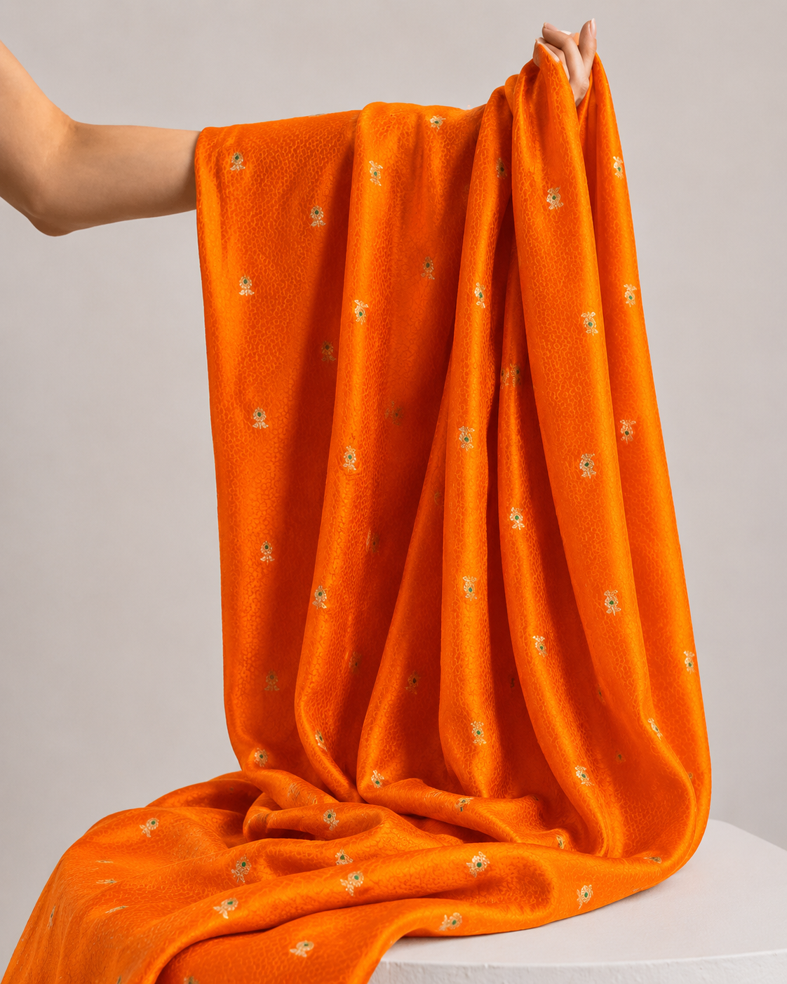 Vibrant Orange Soft Silk Fabric with Meenakari Floral Bootis