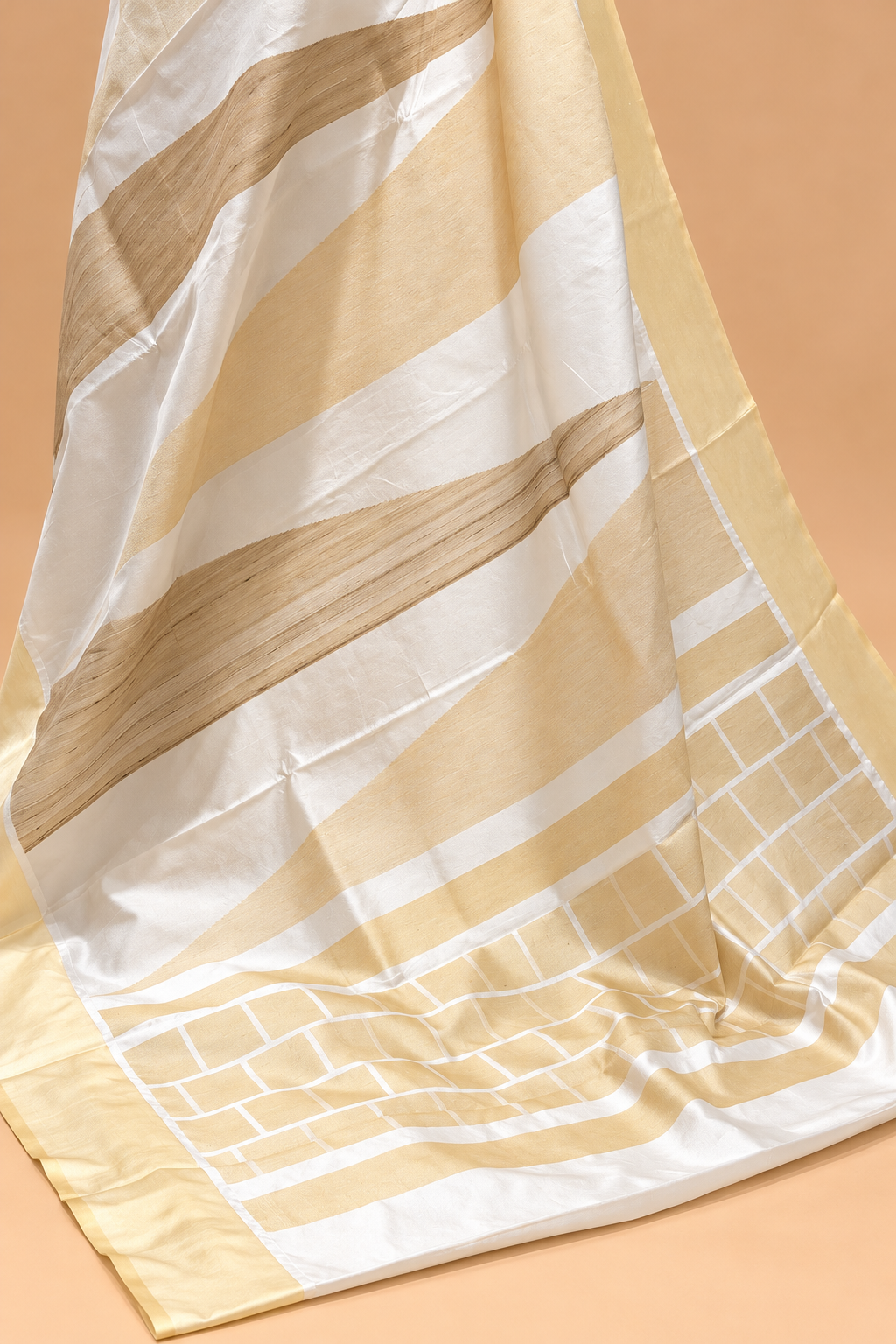 White Pure Silk Fusion Saree With Tusser Silk Panelss