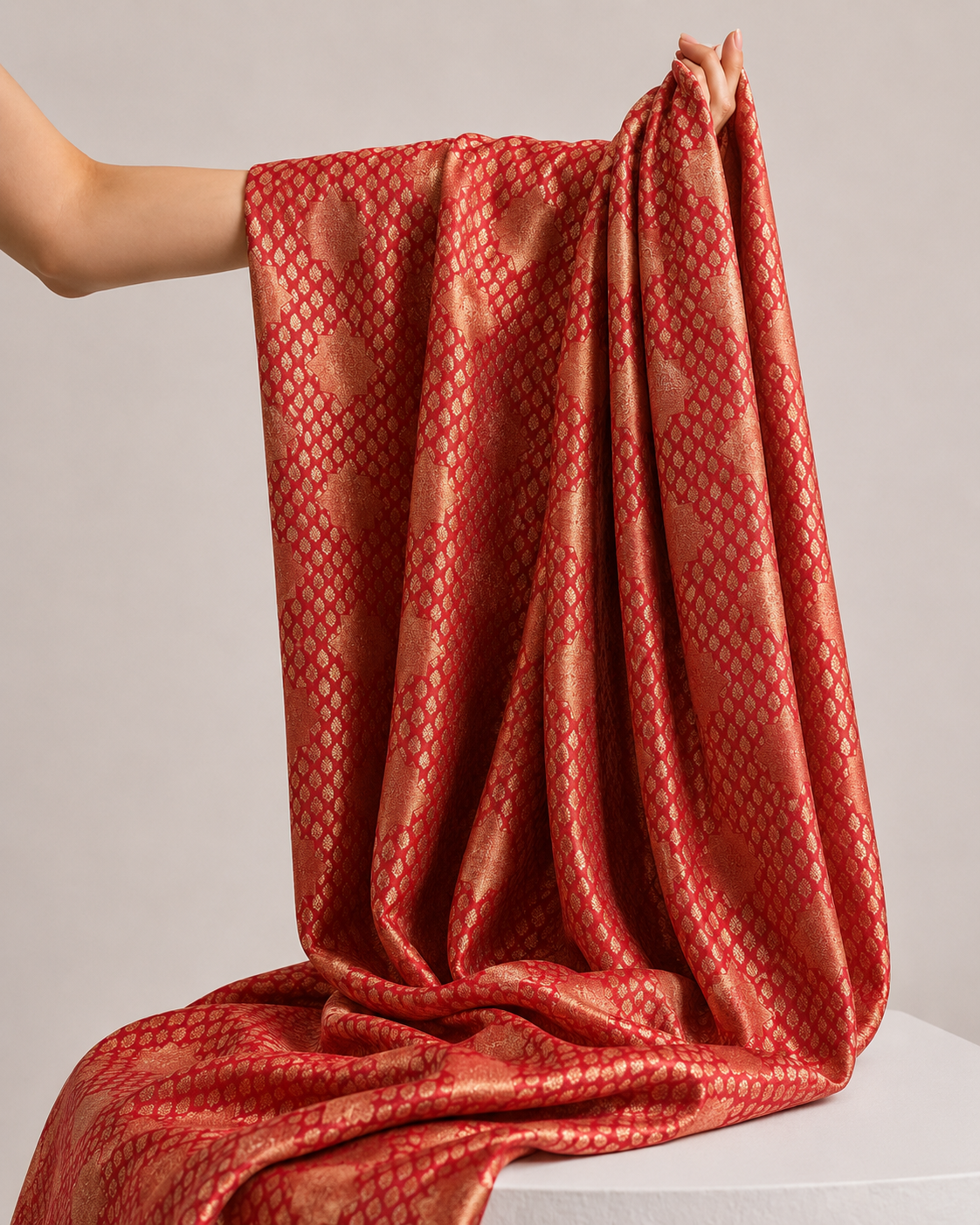 Vermilion Red Soft Silk Fabric with Geometric Bootis
