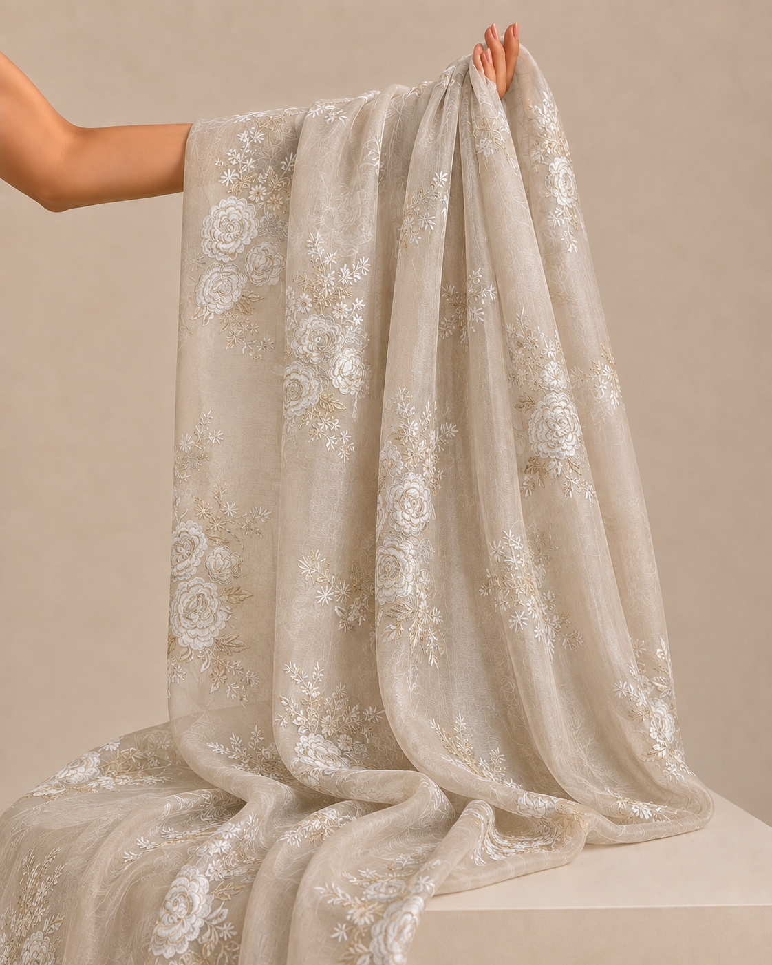 Sage Beige Mul Fabric Floral Embroidered Motif