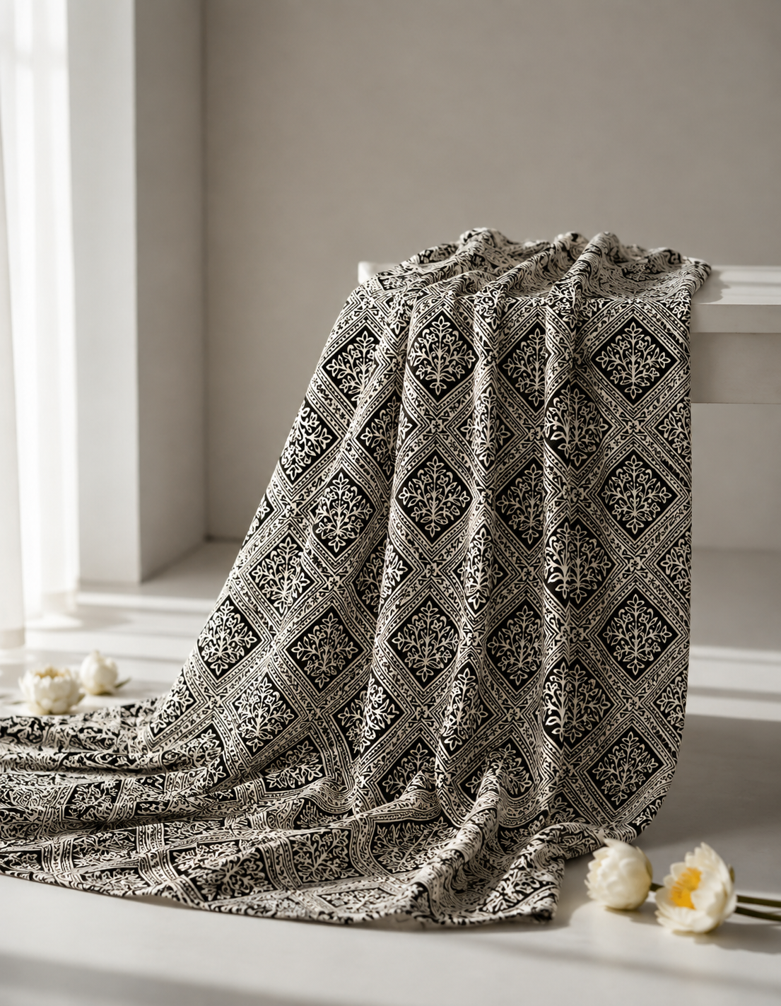 Pure Chanderi Silk Fabric With Black Hand Block Prints