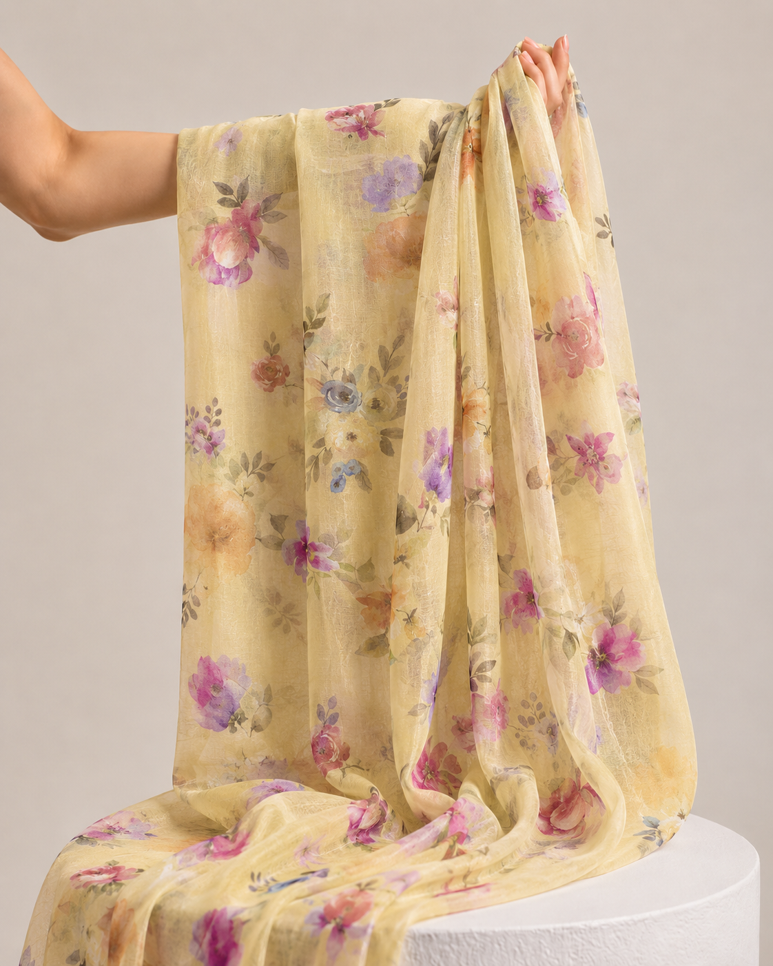 Butter Yellow Mul Floral Prints Fabric