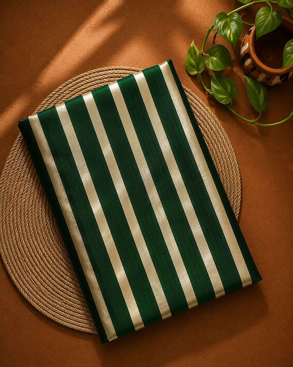 Bottle Green & Silver Pure Satin Silk Stripe Fabric