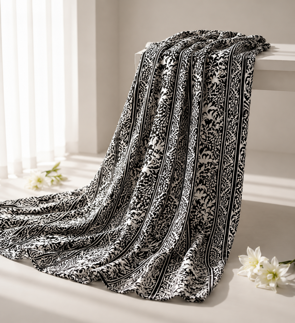 Pure Chanderi Silk Fabric With Black Hand Block Prints