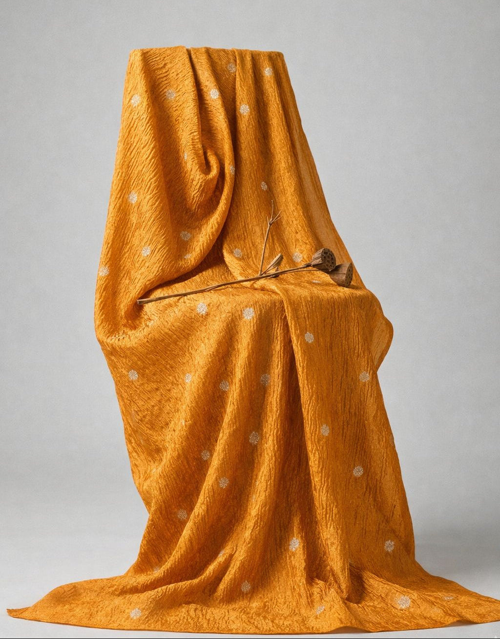 Mustard Gold Crushed Tissue Fabric with Gold Zari Floral Motifs
