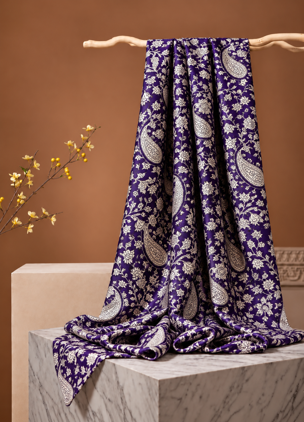 Purple Muslin Silk Paisley Block Print Fabric