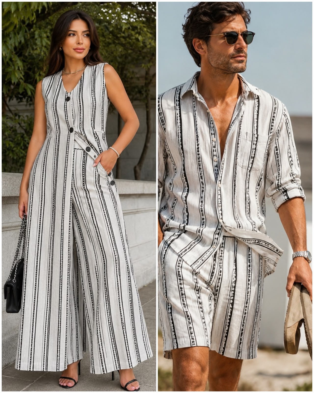 White Linen Fabric with Black Geometric Striped Design