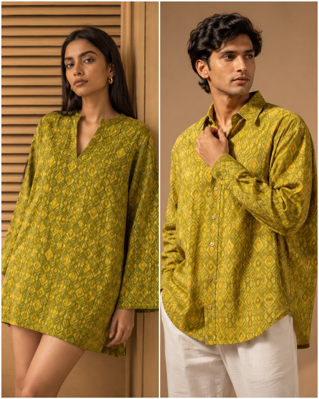 Olive Green & Mustard Yellow Pure Silk Ikat Fabric with Traditional Motifs