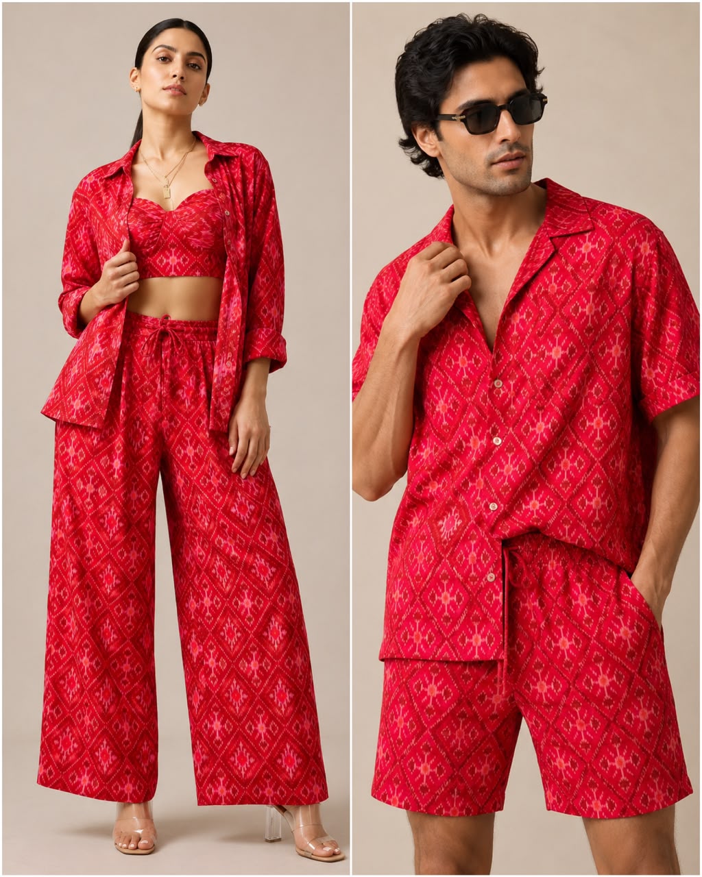 Bright Red Pure Silk Ikat Fabric with Traditional Diamond Motifs