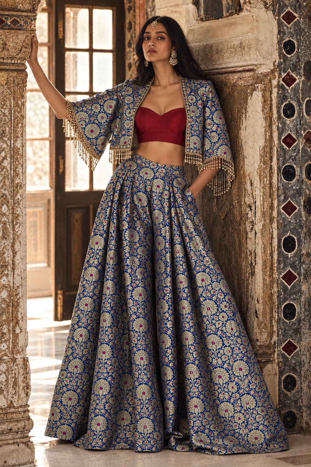 Royal Blue Pure Katan Silk Allover Meenakari Jaal Fabric