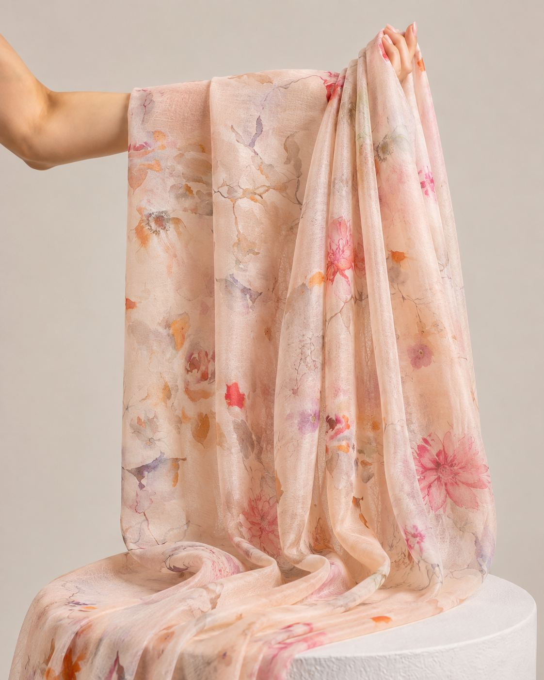 Peach Mul Floral Prints Fabric