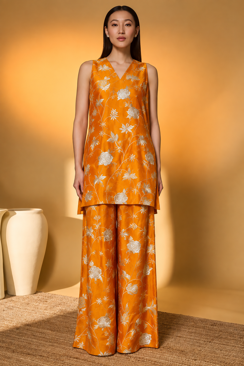 Orange Muslin Fabric With Parsi Embroidery