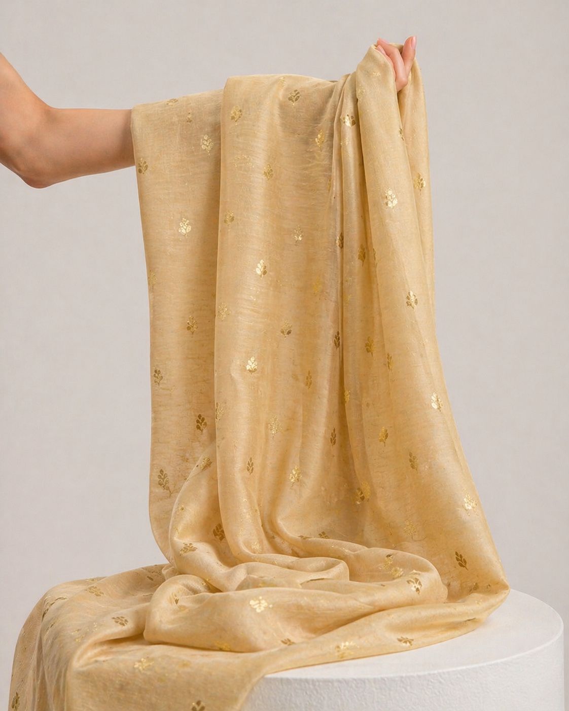 Beige Pure Mul Fabric With Gold Zari