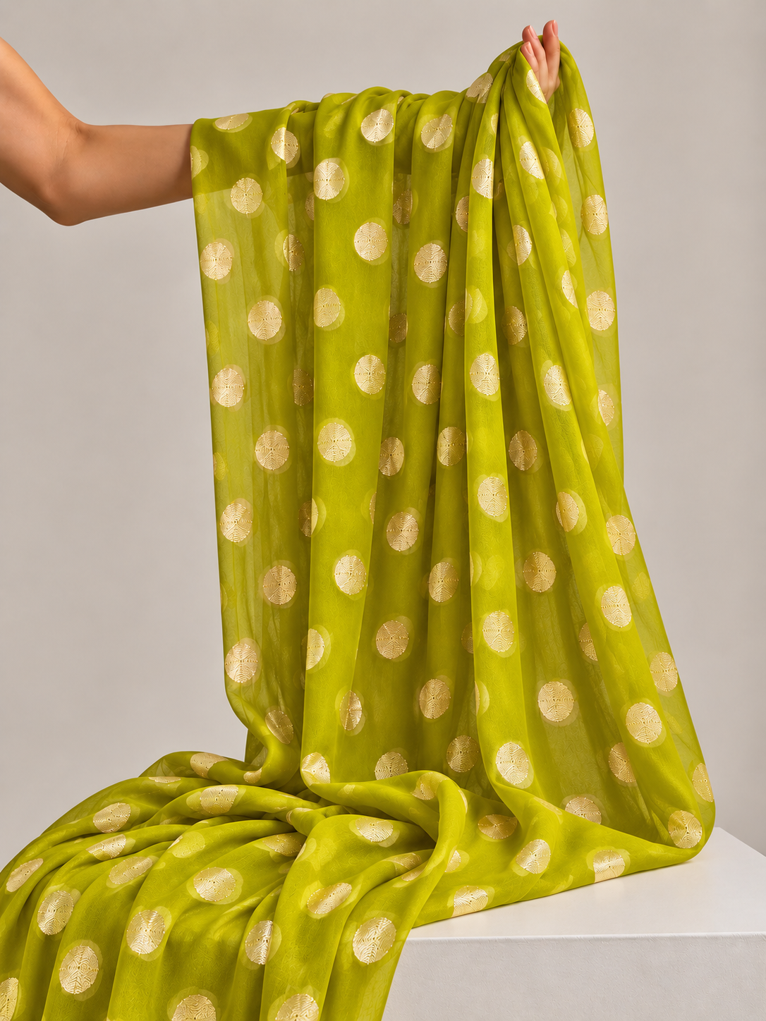 Lime Green Pure Georgette Fabric with Polka Dots