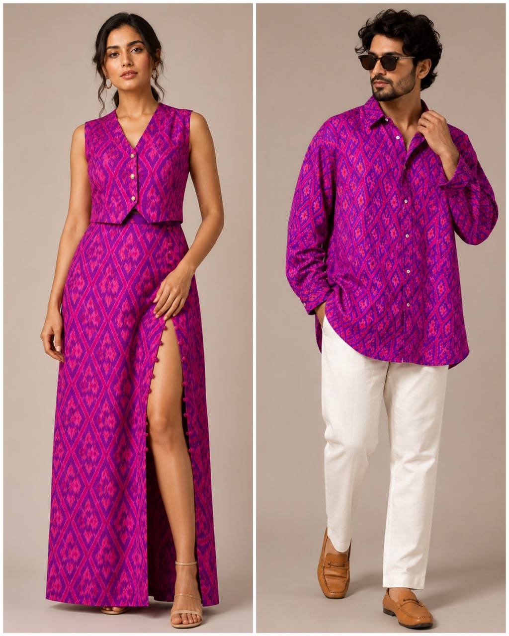 Royal Purple & Pink Pure Silk Ikat Fabric with Traditional Diamond Motifs