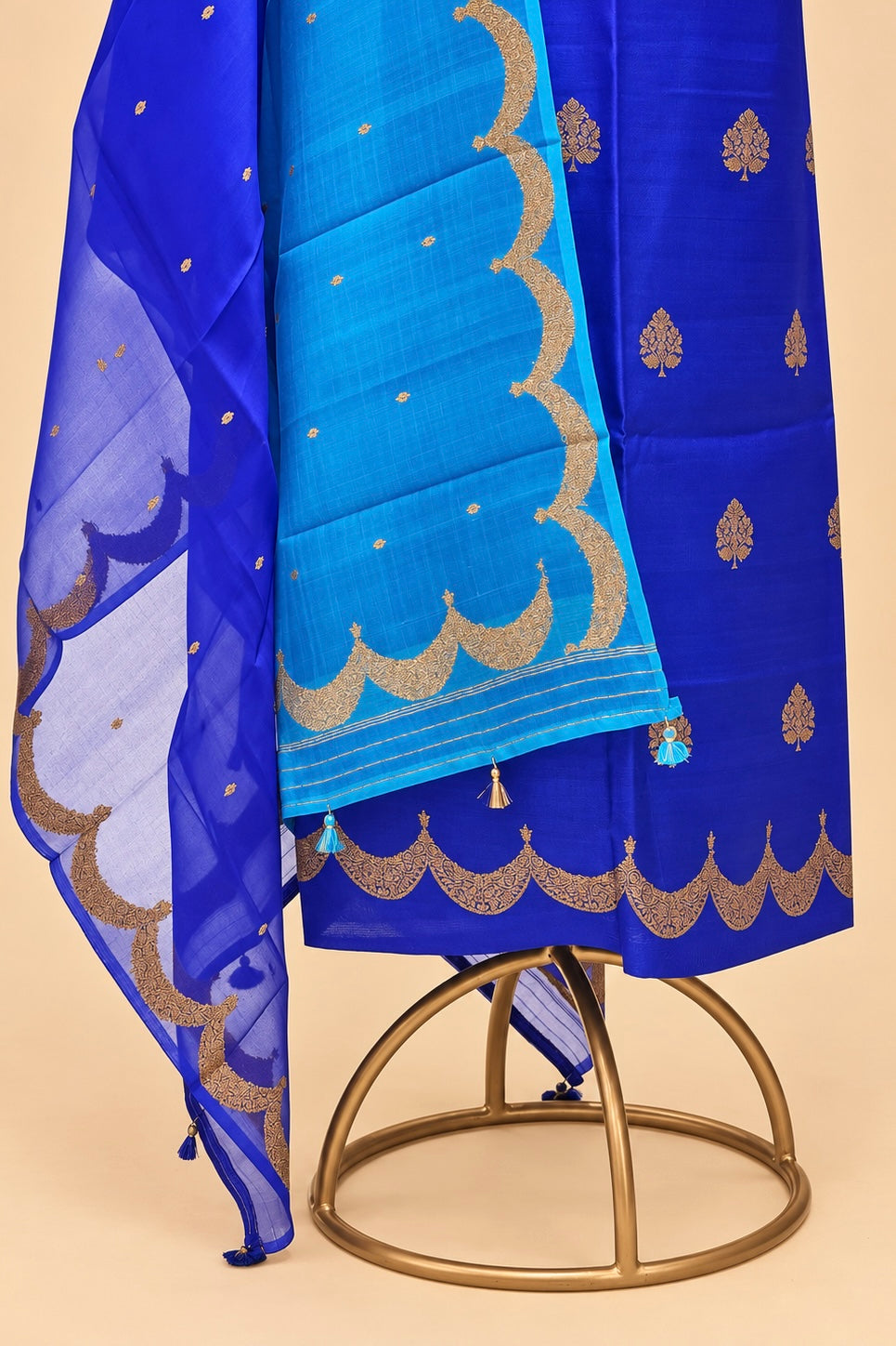 Royal Blue Tusser Antique Zari Suit Set With Ombré Dye Organza Dupatta