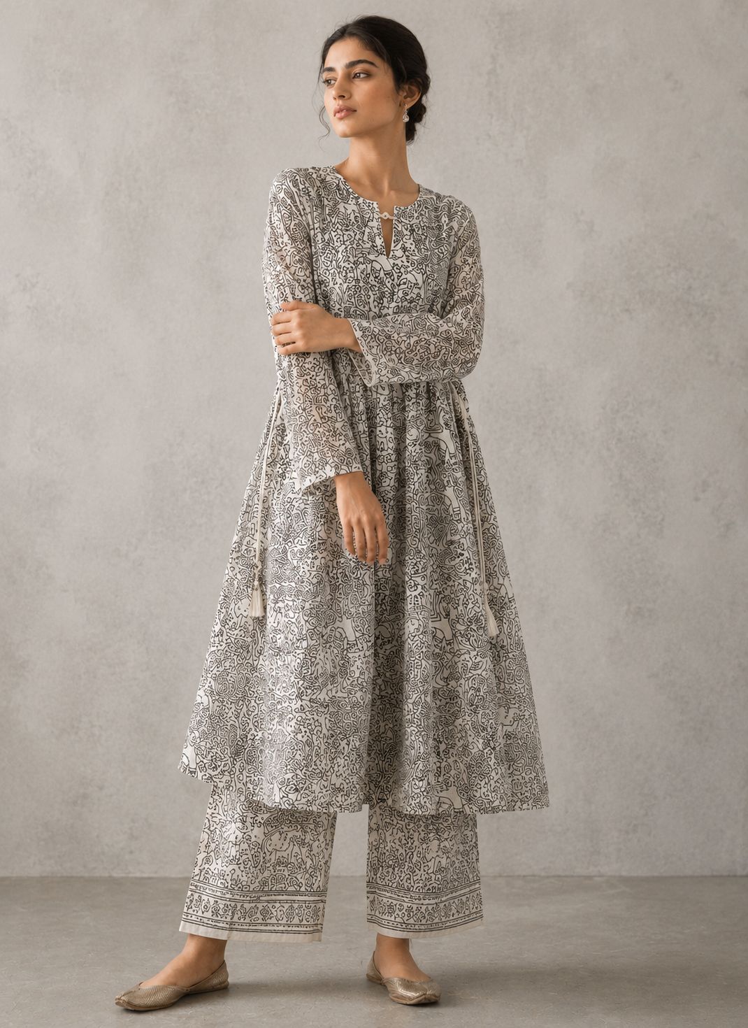 White Chanderi Silk Fabric With Hand Block Print