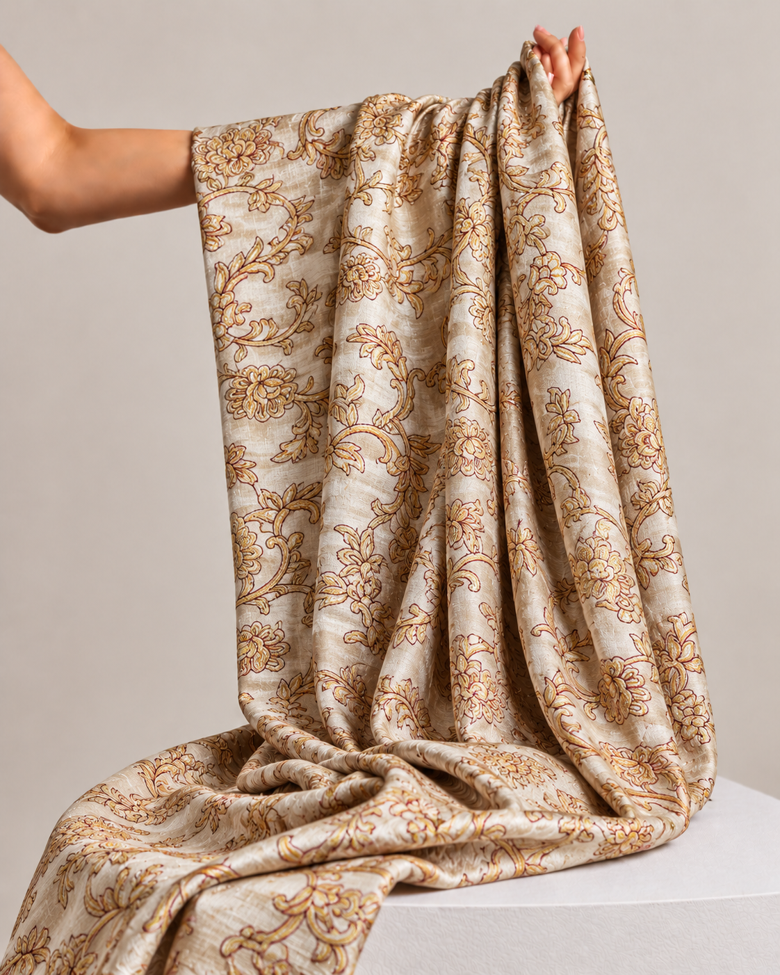 Ivory-Beige Pure Tussar Natural Floral Embroidered Fabric