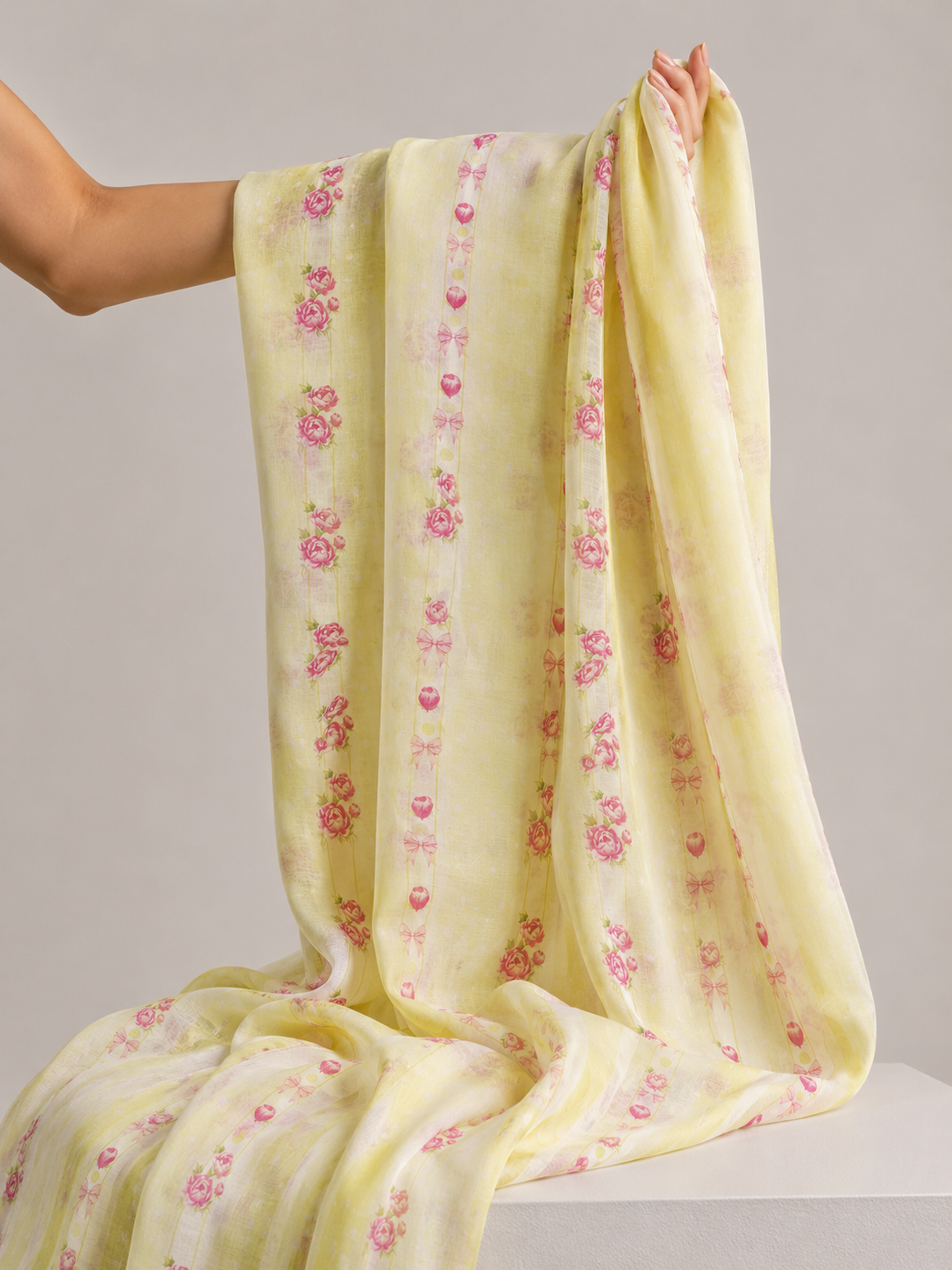 Pastel Yellow Mul Floral Prints Fabric