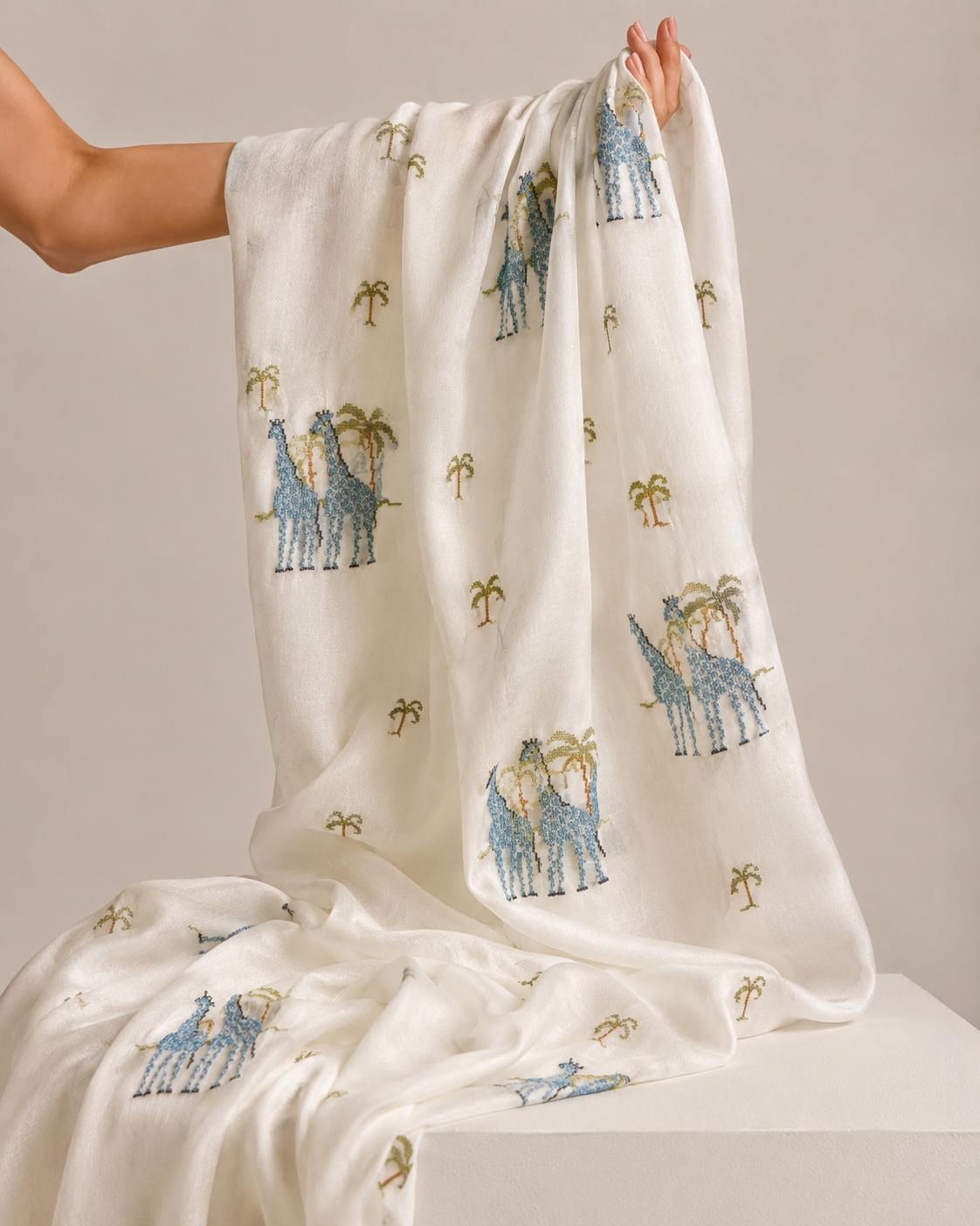 White Mul Fabric with Embroidered Pattern