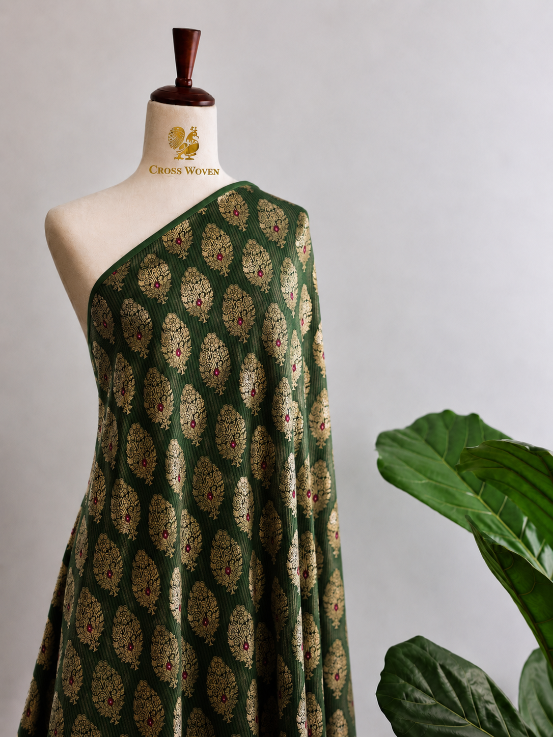 Bottle Green Soft Silk Fabric with Meenakari Floral Motifs