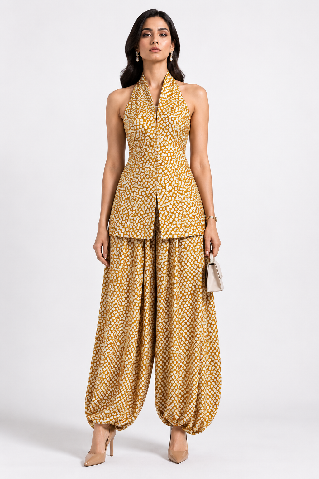 Yellow Muslin Silk Polka Block Print Fabric