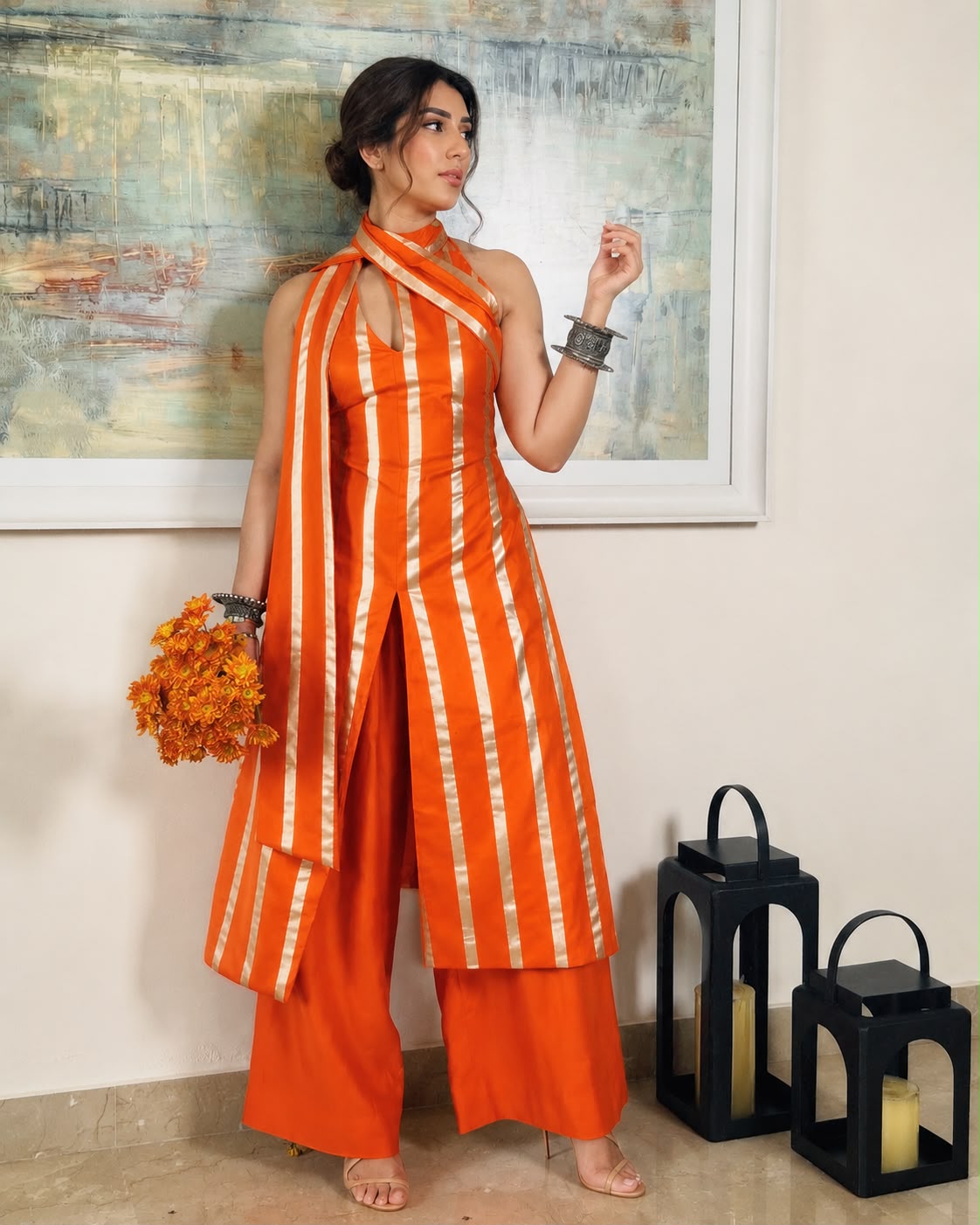 Orange & Silver Pure Satin Silk Stripe Fabric