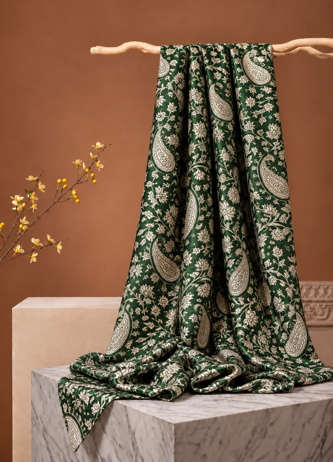 Green Muslin Silk Paisley Block Print Fabric