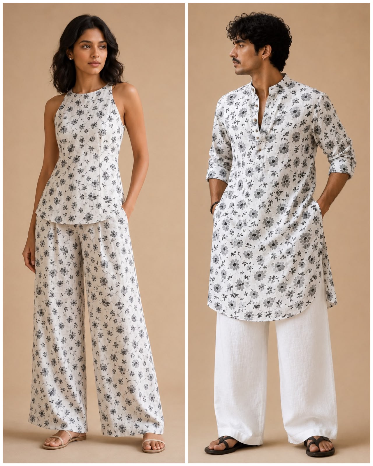 White Linen Printed Fabric with Monochrome Floral Vine Motifs