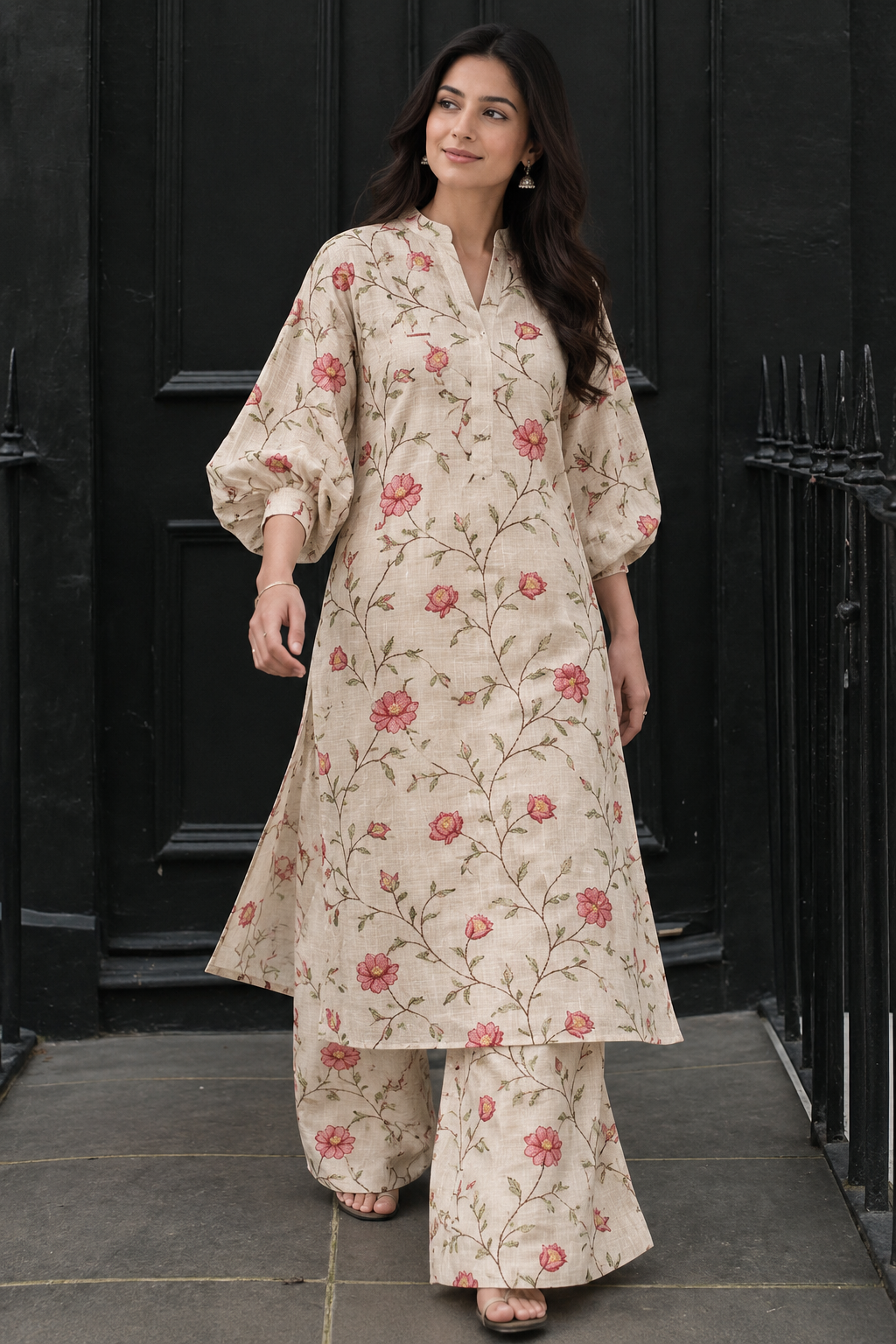 Ivory-Beige Pure Tussar Natural Floral Embroidered Fabric