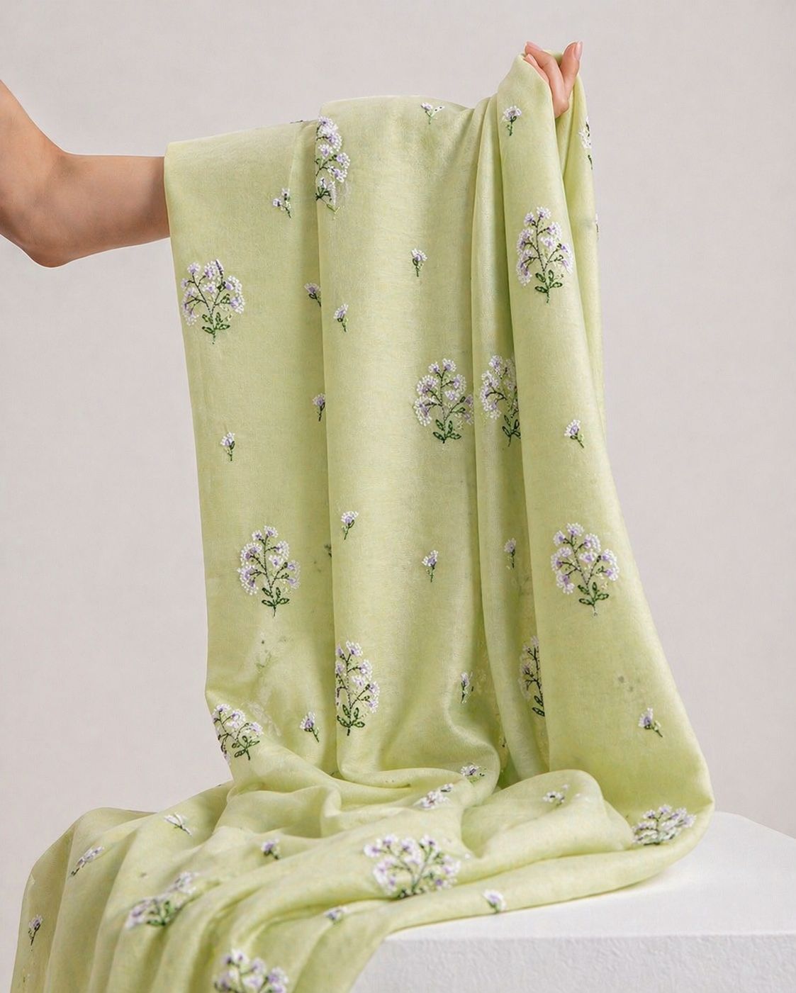 Light Green Mul Fabric With Embroidery
