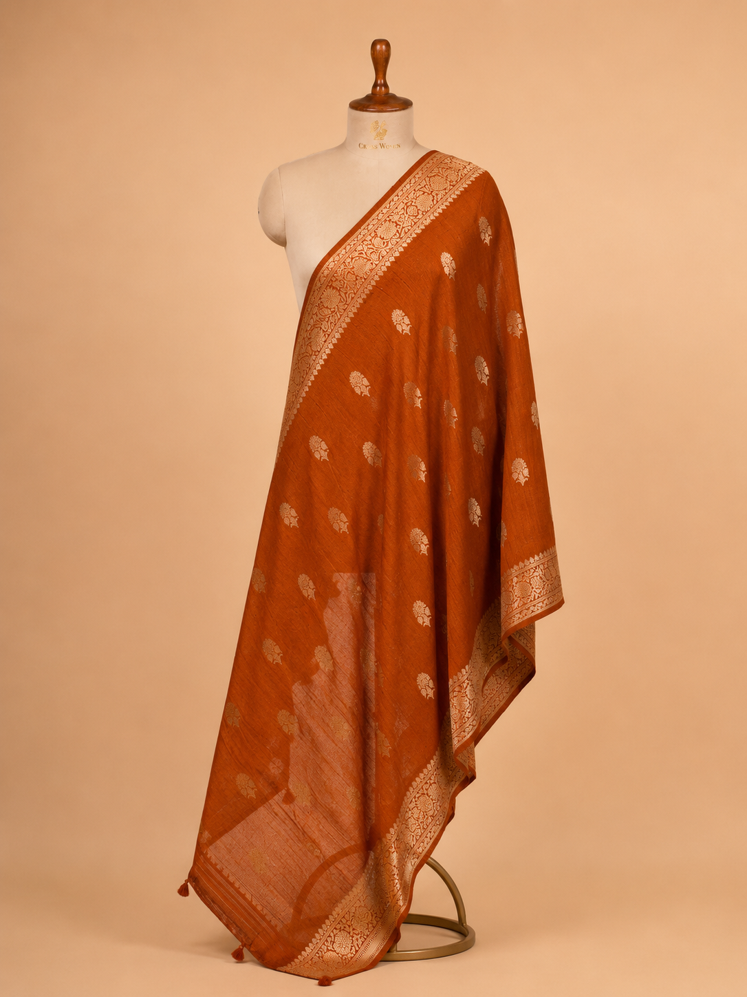 Rust Orange Banarasi Raw Silk Dupatta with Gold Zari Floral Bootis