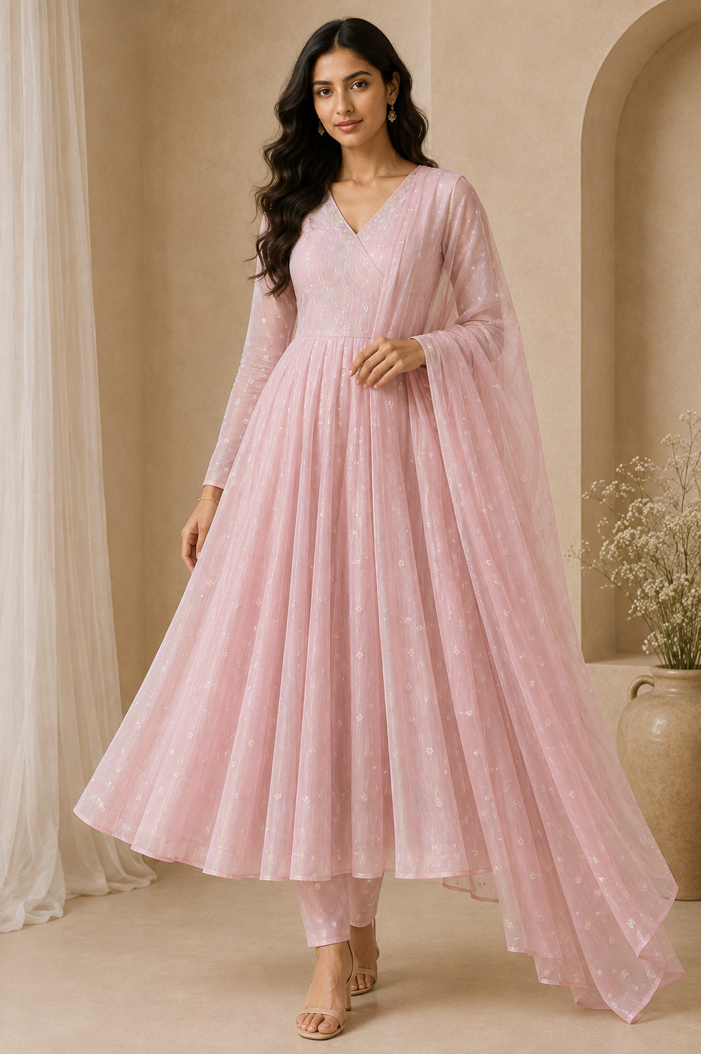 Pastel Pink Silk Linen Fabric With Flower Embroidery