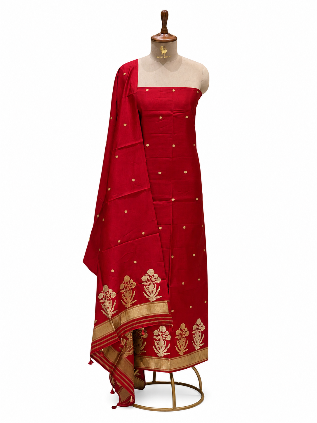 Red Pure Silk Suit Set With Statement Bootas