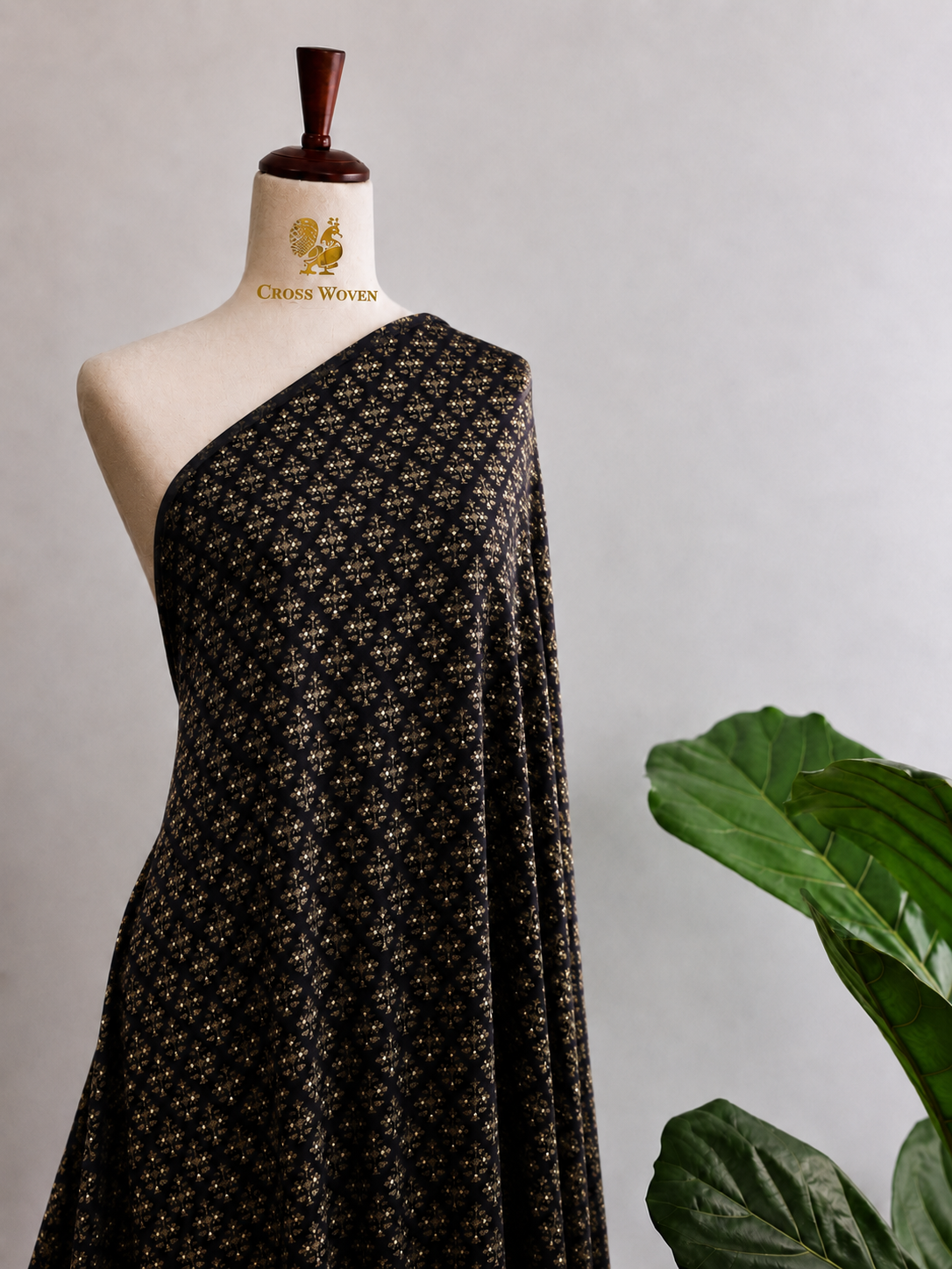 Black Soft Silk Fabric with Floral Booti