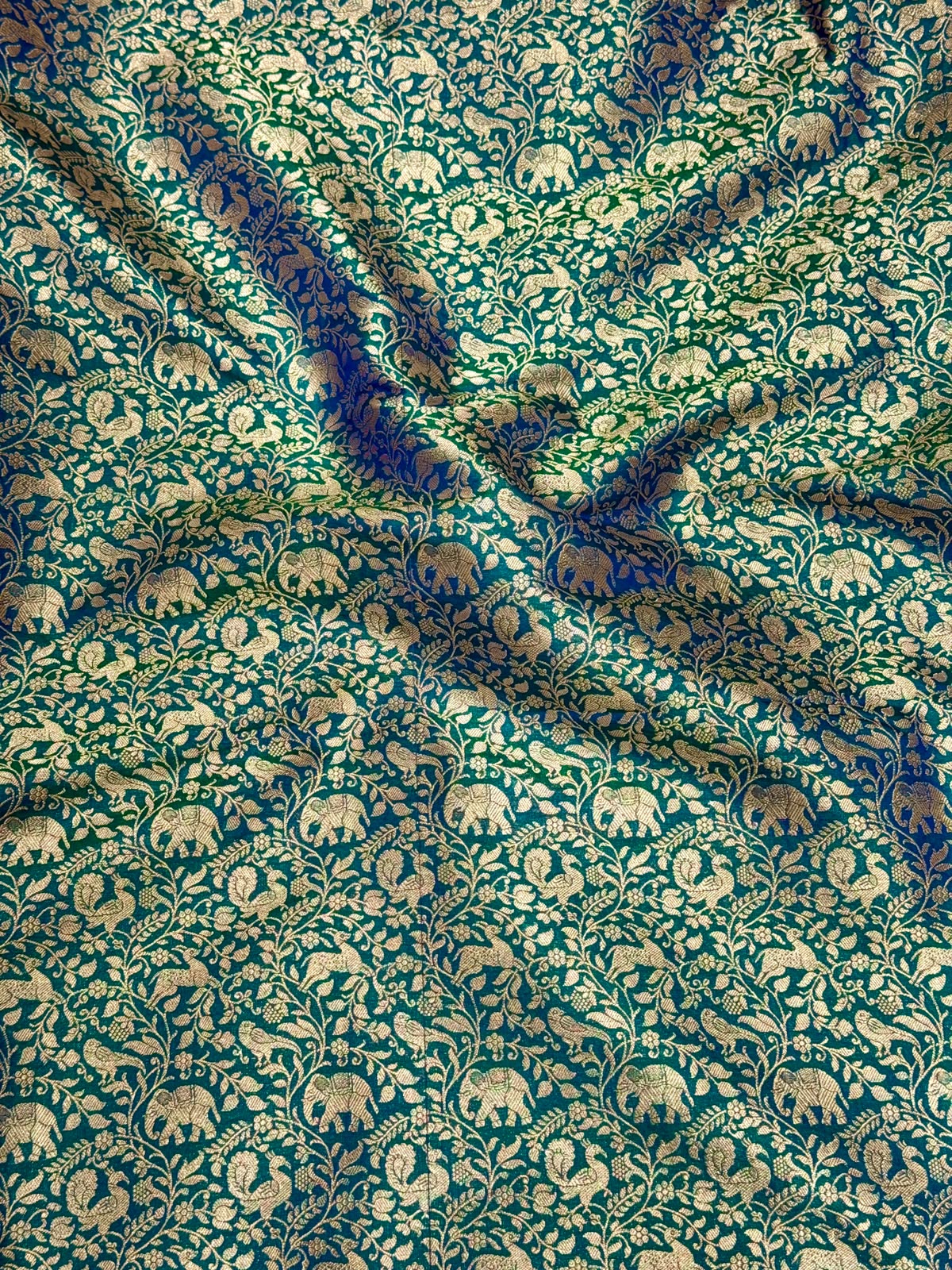 Peacock Blue Pure Katan Silk Allover Shikargah Jaal Fabric