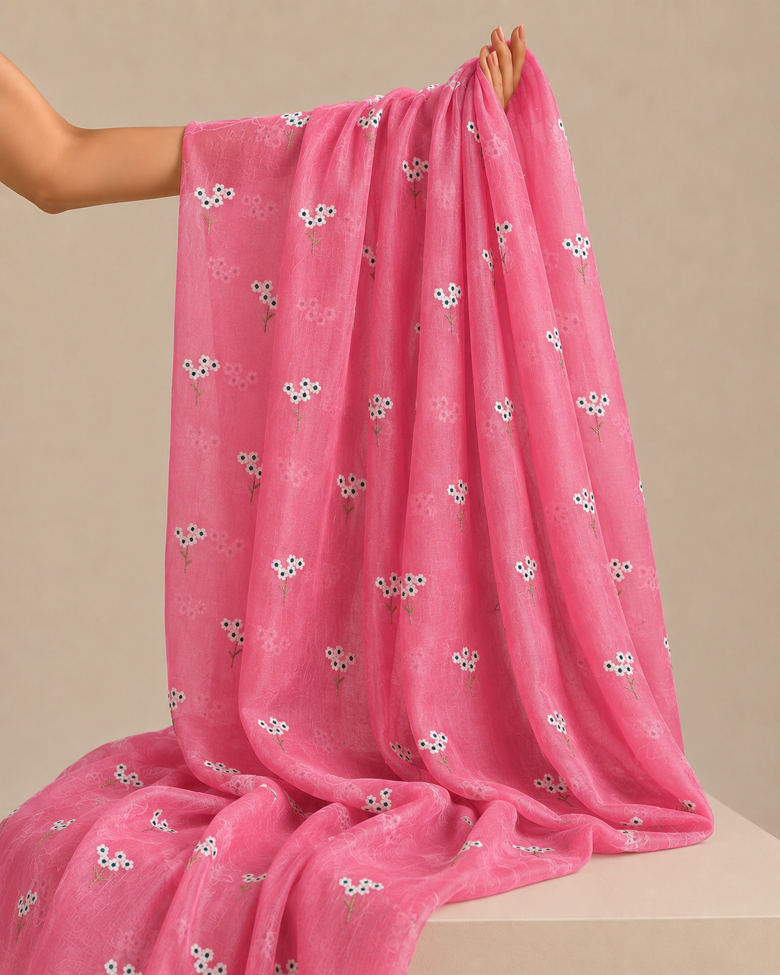 Fuchsia Pink Mul Fabric with Floral Embroidered Motif