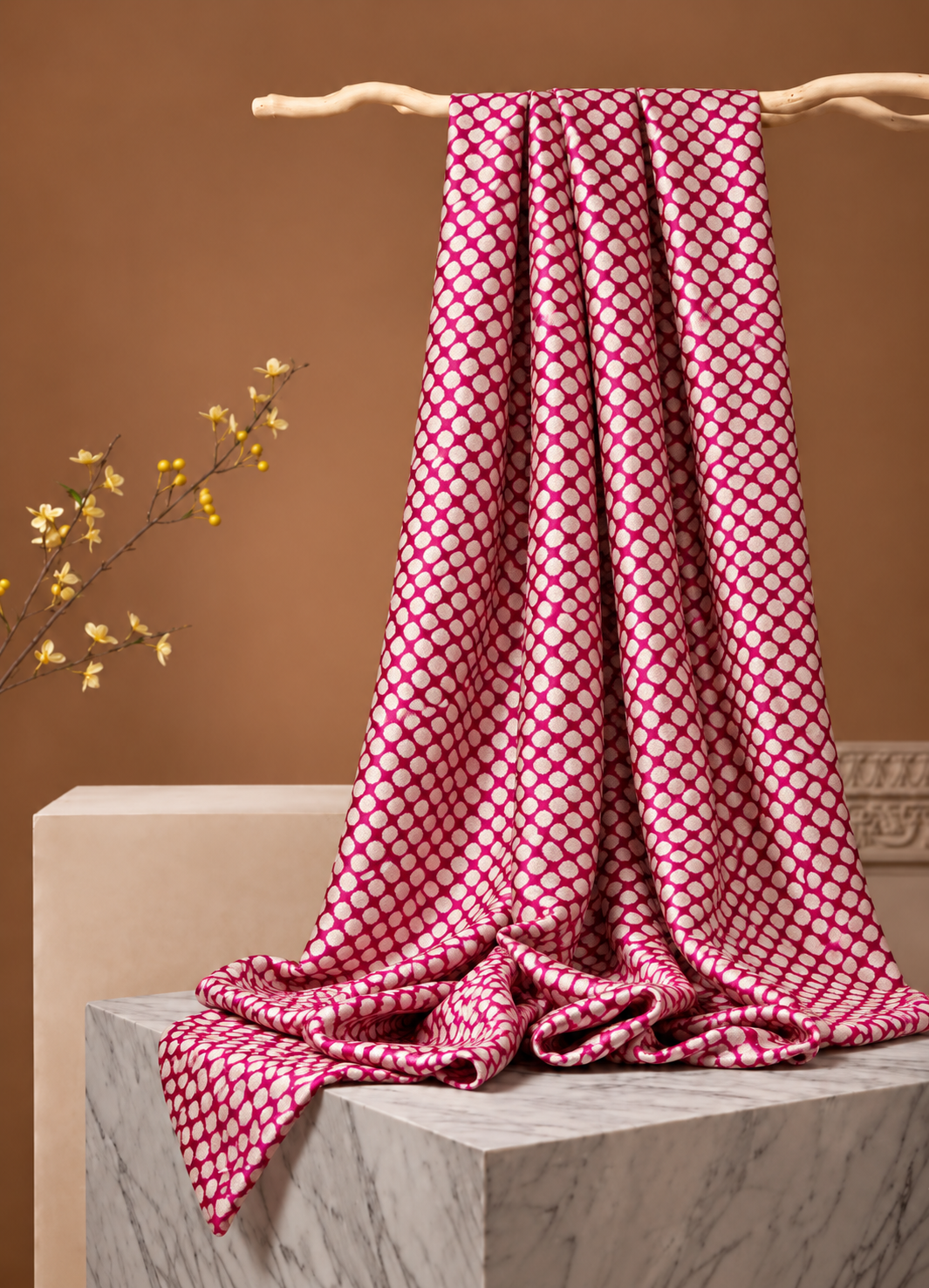 Pink Muslin Silk Polka Block Print Fabric