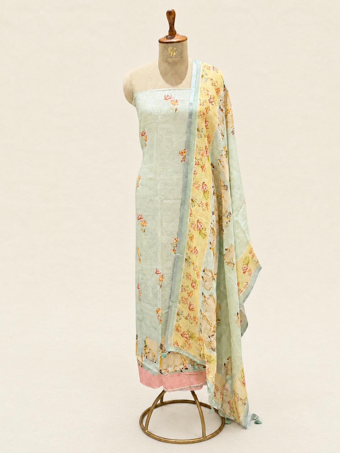 Pastel Aqua Pure Linen Suit Set with Pichwai Cow Motif Dupatta