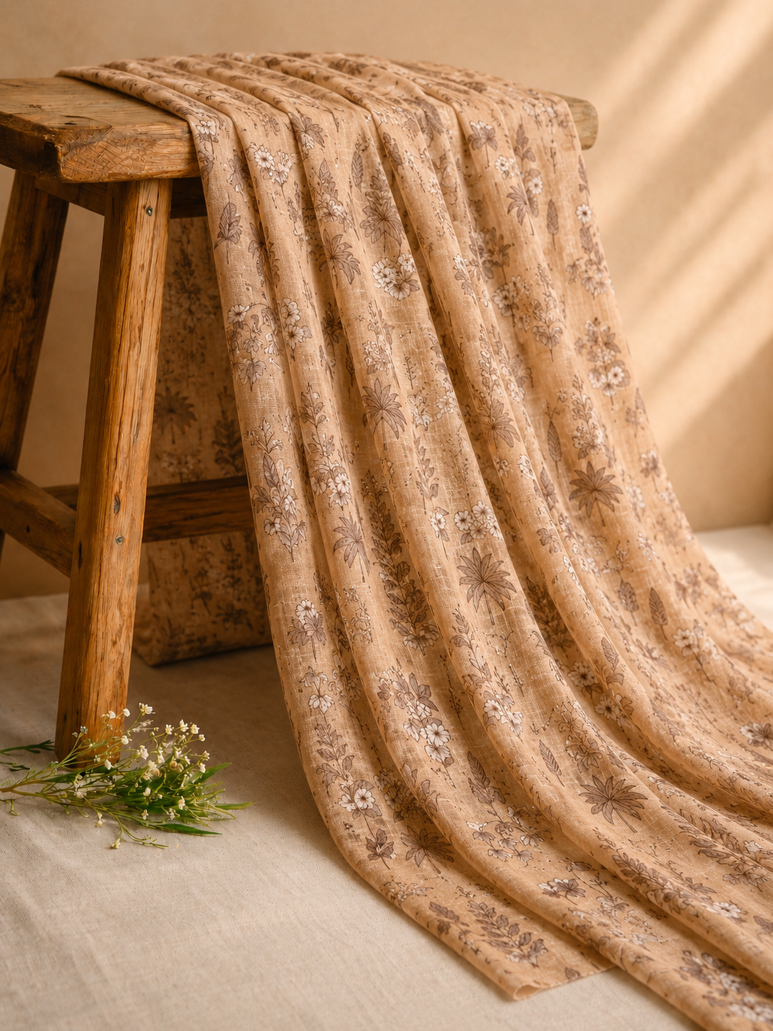 Beige Linen Printed Fabric with Botanical Motifs