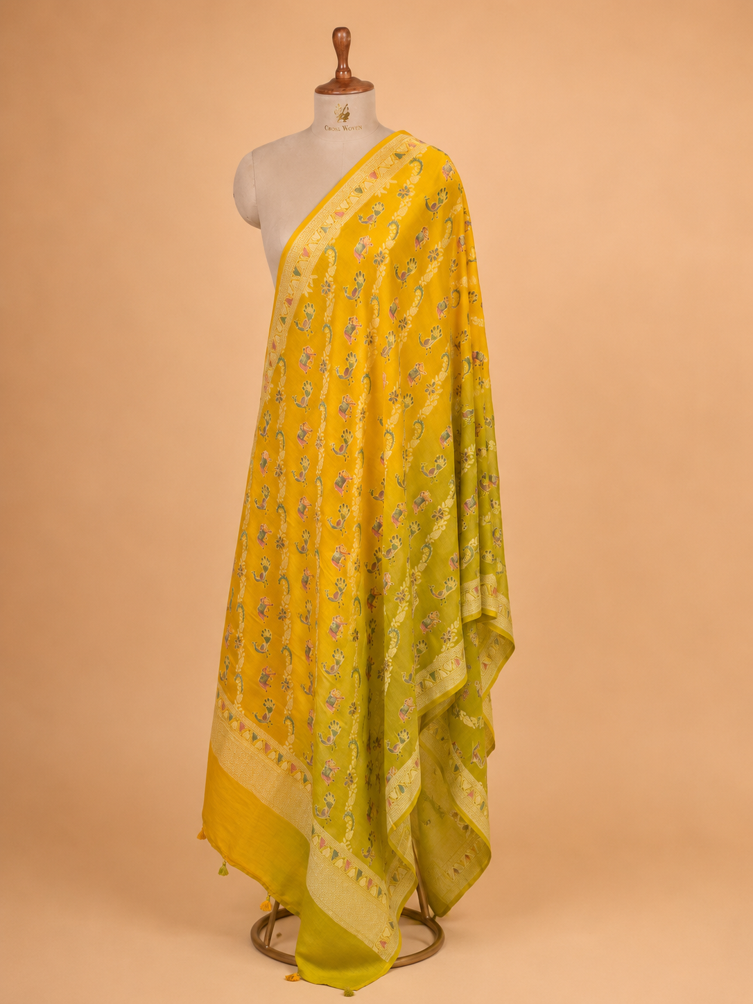 Hand Brush-Dyed Shaded Moonga Silk Dupatta with Shikargah Motifs