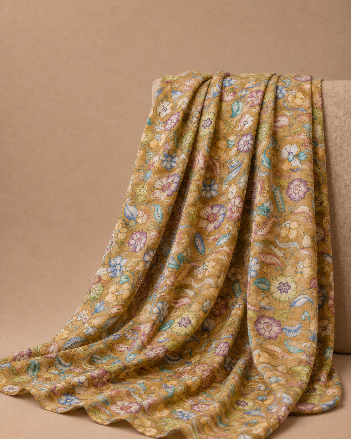Mustard Gold Tussar Kalamkari Printed Fabric