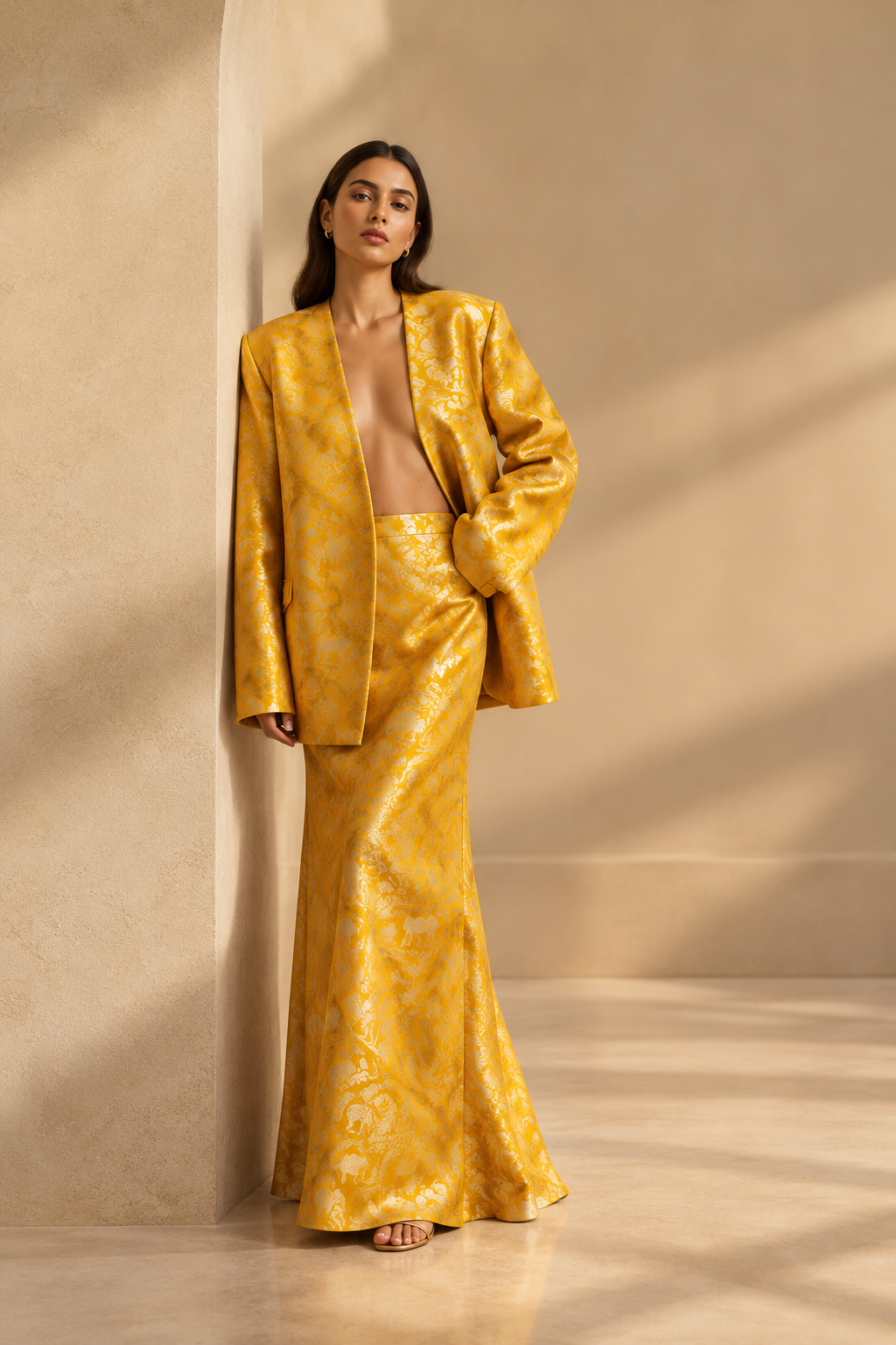 Yellow Banarasi Shikarghah Pure Katan Silk Fabric